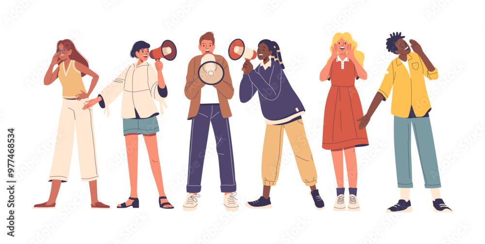 Obraz premium Diverse Group Of People Using Megaphones And Gestures To Capture Attention, Display Expressions Of Enthusiasm