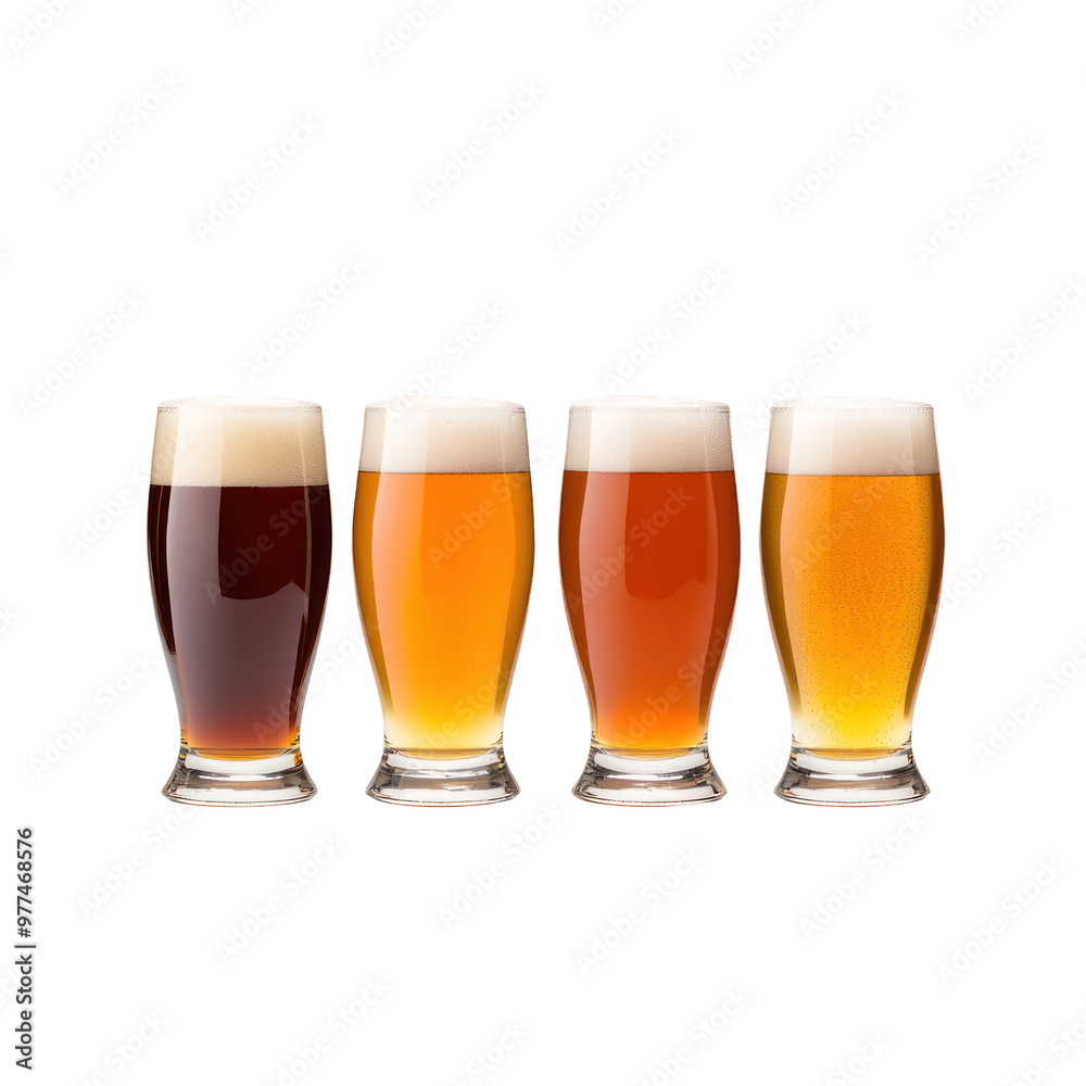 A delightful assortment of craft beers in clear glasses, showcasing rich colors and creamy foam, perfect for any beer lover. transparent background A delightful assortment of craft beers in clear glasses, showcasing rich colors and creamy foam, perfect for any beer lover. transparent background