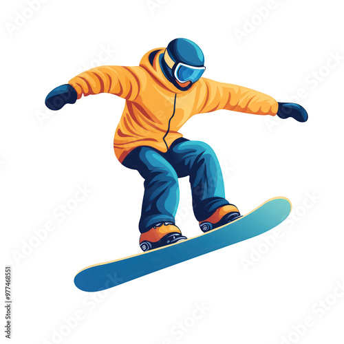 A stylized illustration of a snowboarder performing a jump, showcasing excitement and winter sports action. transparent background