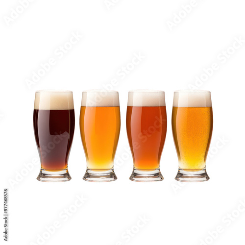 A delightful assortment of craft beers in clear glasses, showcasing rich colors and creamy foam, perfect for any beer lover. transparent background