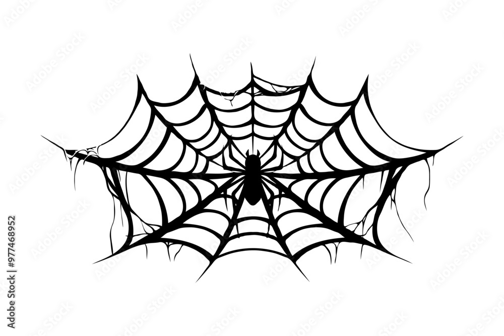 Intricate spider web drawing on a white background. Black and white graphic style. Ideal for Halloween and spooky themes Intricate spider web drawing on a white background. Black and white graphic style. Ideal for Halloween and spooky themes