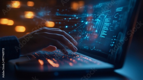 Hands typing on a sleek keyboard with a virtual assistant interface on the screen, showcasing the role of AI in streamlining administrative tasks in the workplace.