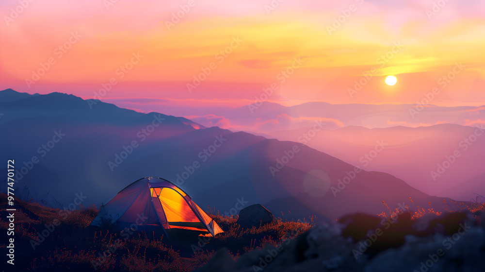 Golden Hour Getaway: A solitary tent glows under a vibrant sunset, perched atop a mountain overlooking a breathtaking vista of rolling hills and misty valleys. Golden Hour Getaway: A solitary tent glows under a vibrant sunset, perched atop a mountain overlooking a breathtaking vista of rolling hills and misty valleys.