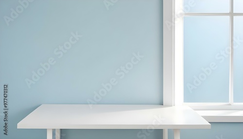 Empty Minimal empty wooden table with window, curtain, and sunlight. simplistic interior, minimalist. Blue wall, light blue, light green.