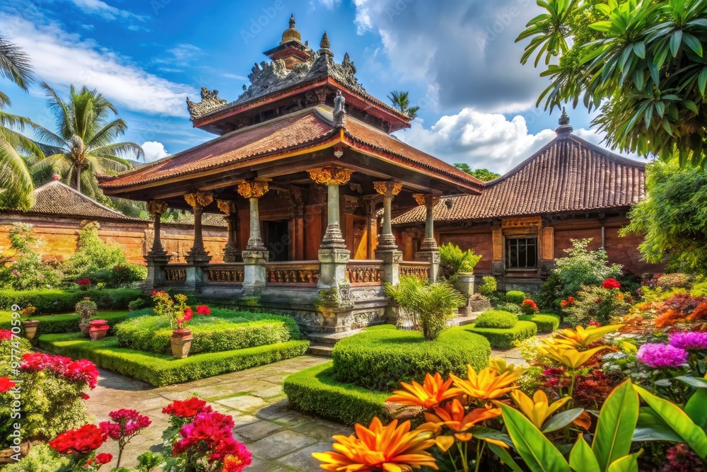 Historic Indonesian building with traditional Javanese architecture, intricate carvings, and ornate details, set amidst lush greenery and vibrant flowers in a serene atmosphere. Historic Indonesian building with traditional Javanese architecture, intricate carvings, and ornate details, set amidst lush greenery and vibrant flowers in a serene atmosphere.