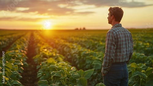 detailed view of a young agriculturalist working in soybean fields, emphasizing the effort and commitment to crop growth