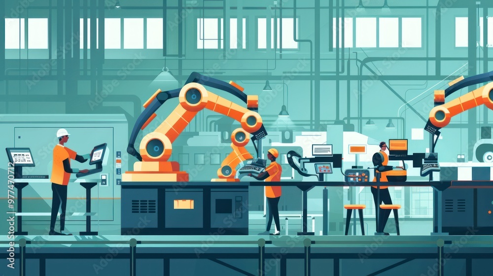 Fototapeta premium Industrial Automation: Workers and Robots Collaborate on Assembly Line