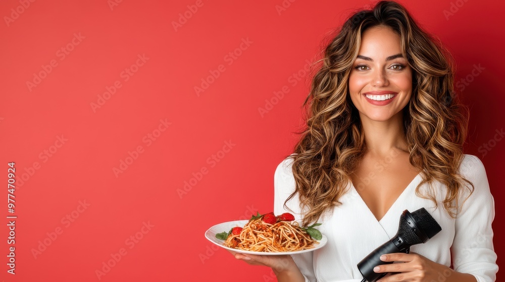 A confident woman with styled hair smiles, holding a microphone and a plate of pasta, standing against a red background, highlighting creativity and charm. A confident woman with styled hair smiles, holding a microphone and a plate of pasta, standing against a red background, highlighting creativity and charm.
