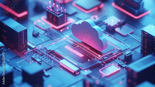 A 3D model of IT architecture, illustrating data flow between on-premise servers, cloud storage, and user devices.