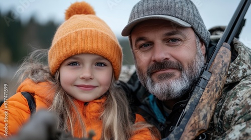 A loving father and daughter, bundled in warm clothing, smile together outdoors while holding hunting gear, portraying warmth, bond, and adventure in nature.