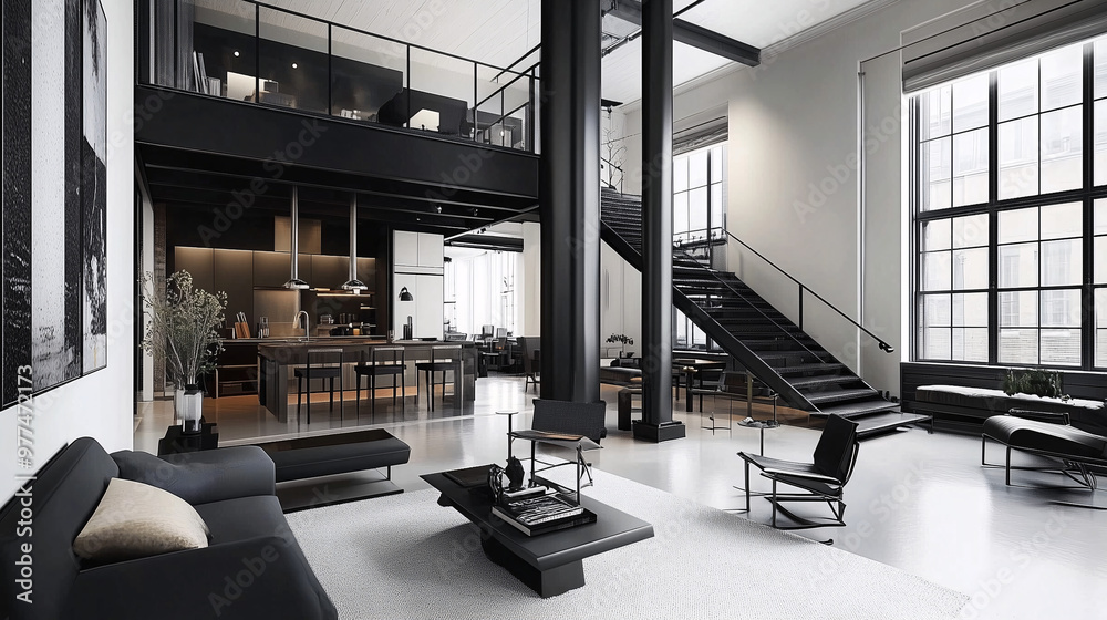 A cool, high-end loft space with ultra-sleek lines, monochrome color schemes, and statement furniture for a polished, magazine-worthy look A cool, high-end loft space with ultra-sleek lines, monochrome color schemes, and statement furniture for a polished, magazine-worthy look