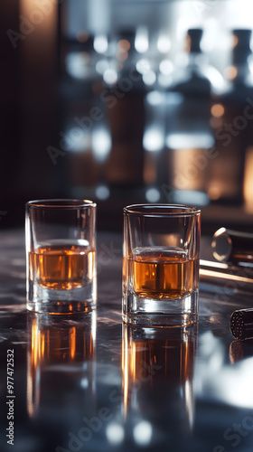 A crystal-clear glass of whiskey sits on a polished wooden table. The amber liquid shimmers under soft lighting