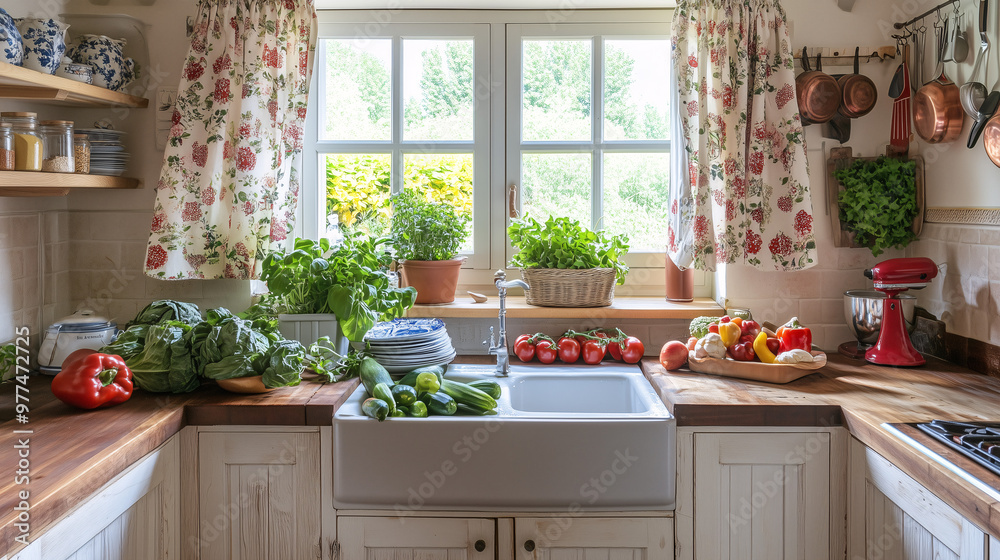 A country kitchen with a large farmhouse sink, floral patterns on curtains and towels, and fresh vegetables on the wooden countertops ready for cooking A country kitchen with a large farmhouse sink, floral patterns on curtains and towels, and fresh vegetables on the wooden countertops ready for cooking