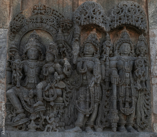 Intricate carvings and sculptures of the Hoysala temples in Belur, India.