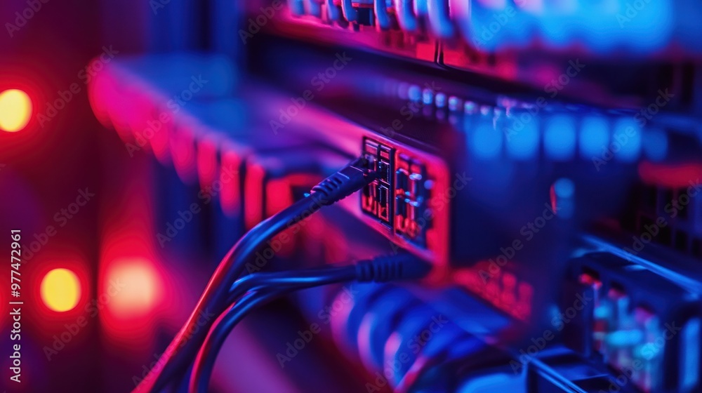 A close-up of fiber optic cables connected to networking equipment in a server rack, ensuring fast data transmission. A close-up of fiber optic cables connected to networking equipment in a server rack, ensuring fast data transmission.