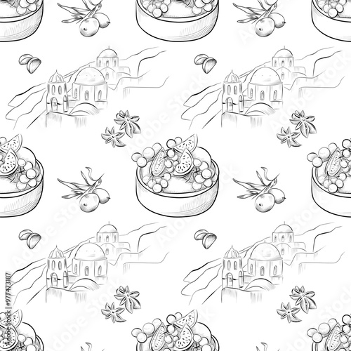 vector seamless pattern line art elements - greek food, cuisine landscape of Greece, olives, spices, fruits and berries