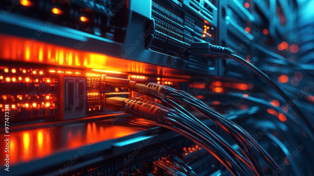 A close-up of networking equipment, including routers, switches, and fiber optic cables, installed in a modern data center. A close-up of networking equipment, including routers, switches, and fiber optic cables, installed in a modern data center.