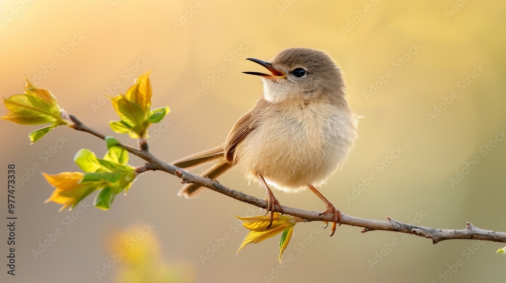Obraz premium Singing Warbler on a Branch, Small songbird with fluffed feathers, Bright background of soft golden hues