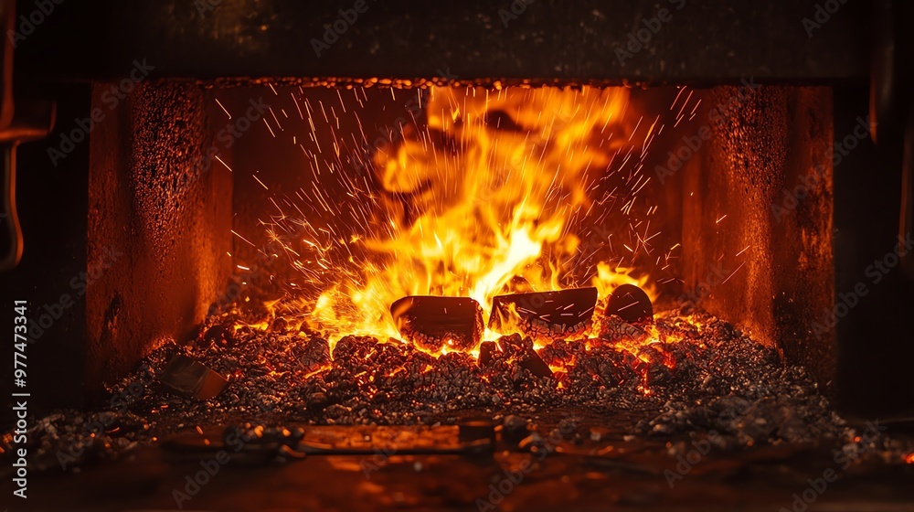 Fire glowing intensely in a metal forge, with sparks flying, Glowing forge, Heat and craftsmanship Fire glowing intensely in a metal forge, with sparks flying, Glowing forge, Heat and craftsmanship