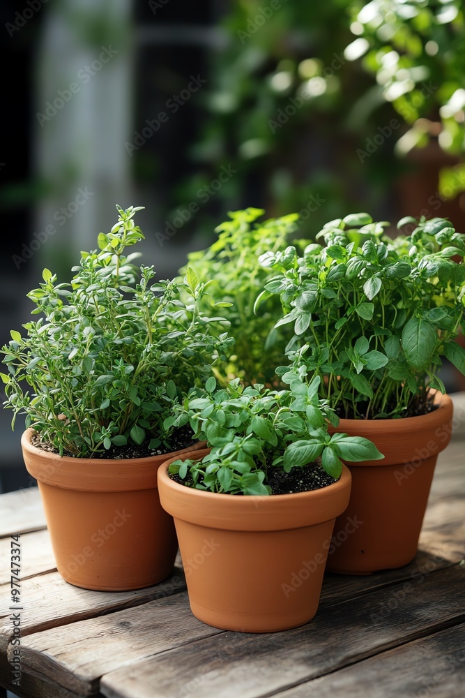 Fresh herbs growing in terracotta pots on a wooden table, Herb garden on table, Nature and home gardening Fresh herbs growing in terracotta pots on a wooden table, Herb garden on table, Nature and home gardening