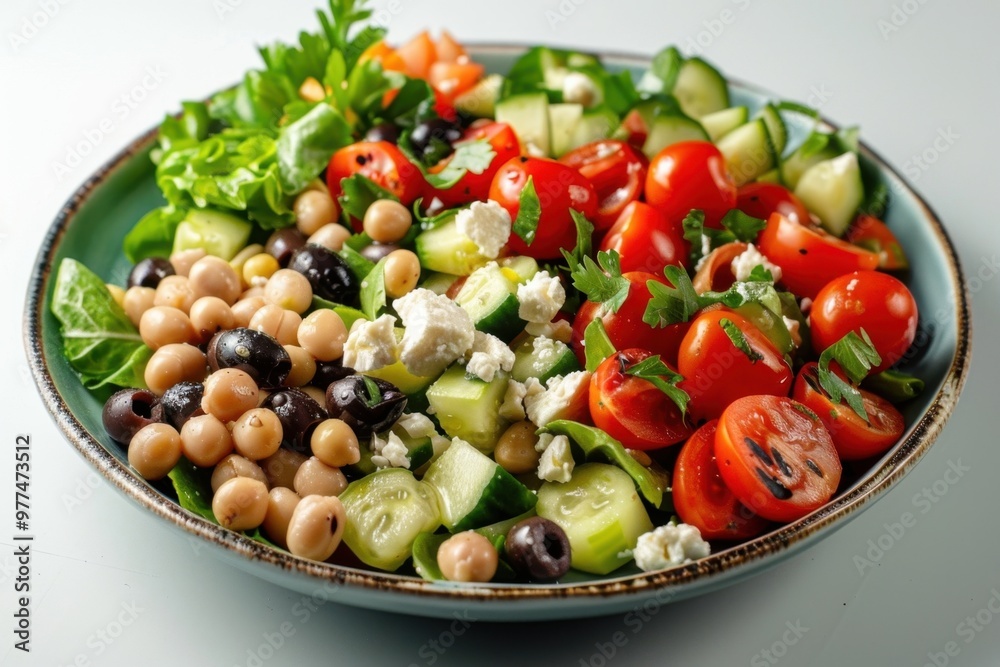 a Mediterranean salad featuring black-eyed peas, cherry tomatoes, cucumbers, olives, and feta cheese, elegantly arranged on a plate, soft natural lighting, clean white background a Mediterranean salad featuring black-eyed peas, cherry tomatoes, cucumbers, olives, and feta cheese, elegantly arranged on a plate, soft natural lighting, clean white background