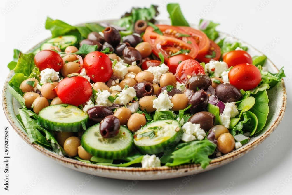 Mediterranean salad with black-eyed peas, cherry tomatoes, cucumbers, olives and feta cheese, on a plate, composition from a high angle, soft natural lighting, clean white background Mediterranean salad with black-eyed peas, cherry tomatoes, cucumbers, olives and feta cheese, on a plate, composition from a high angle, soft natural lighting, clean white background