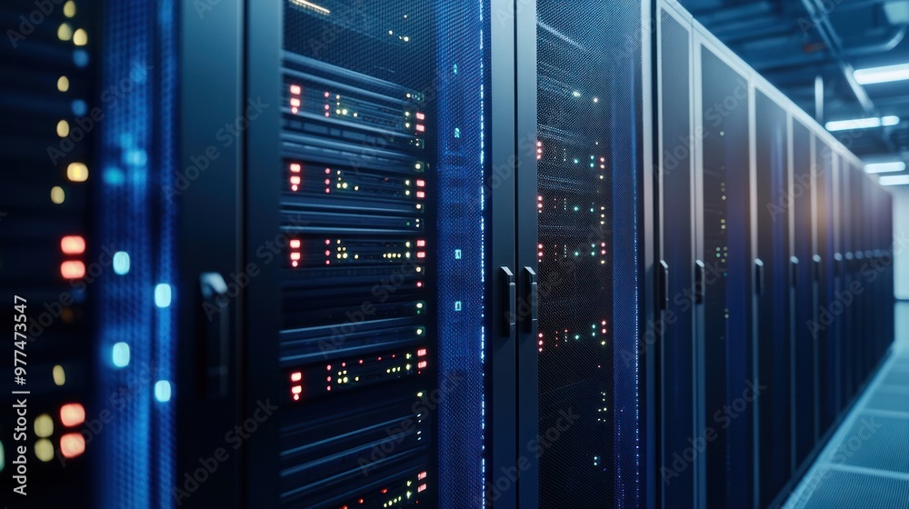 A close-up of server blades installed in a modern data center, with cooling systems and power supplies visible. A close-up of server blades installed in a modern data center, with cooling systems and power supplies visible.