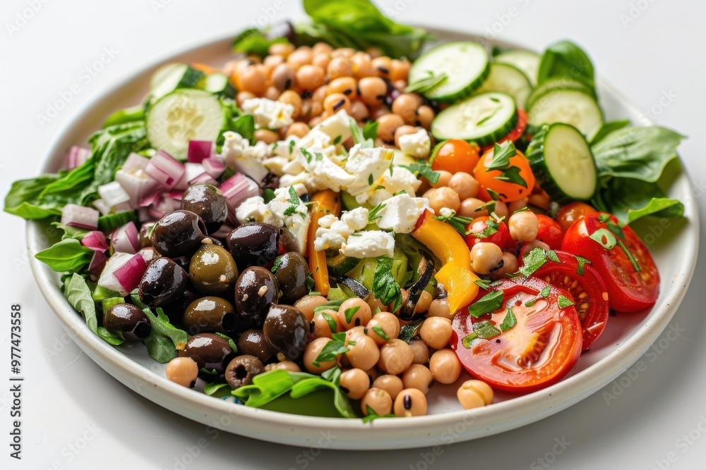 Mediterranean salad with black-eyed peas, cherry tomatoes, cucumbers, olives and feta cheese, on a plate, composition from a top angle, clean white background Mediterranean salad with black-eyed peas, cherry tomatoes, cucumbers, olives and feta cheese, on a plate, composition from a top angle, clean white background