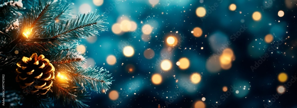 Christmas tree with lights on a blue background, blurred background, copy space for text, banner design, festive mood, soft lighting, bokeh effect, Christmas tree with lights on a blue background, blurred background, copy space for text, banner design, festive mood, soft lighting, bokeh effect,