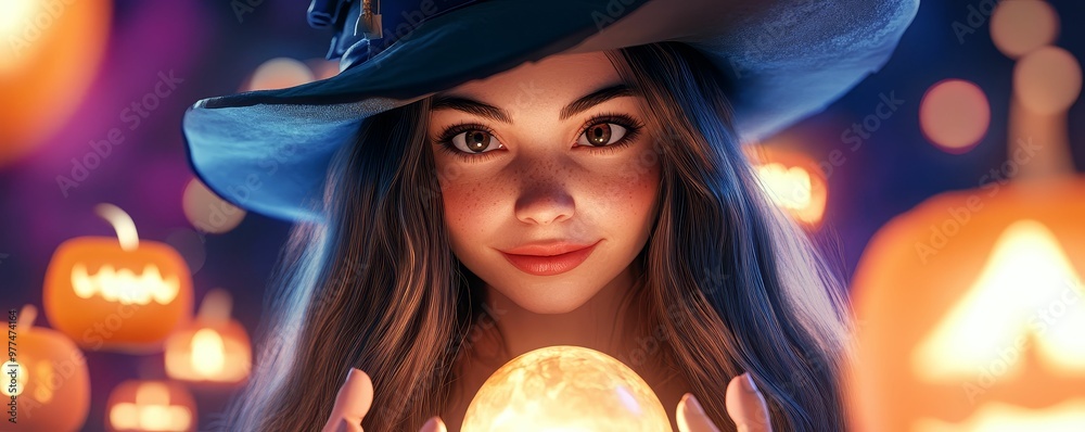 Fototapeta premium Stylish witch with long flowing hair, holding a crystal ball, surrounded by floating Halloween candles