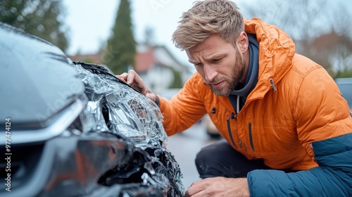 A man in an orange hoodie is seen inspecting the significant damage to the front of a car on a street, reflecting concern and the need for repair after a probable accident. photo