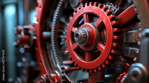 Red cogwheel mechanism inside a complex industrial machine, Red cogwheel mechanism, Engineering and machinery