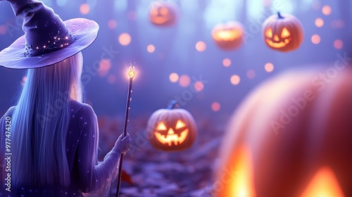 Mystical Halloween scene with a glamorous woman holding a staff, surrounded by floating pumpkins and magical lights photo