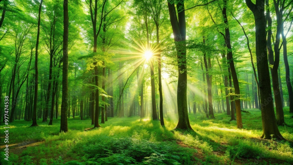 Obraz premium Sunlight filtering through lush green trees in a serene forest setting