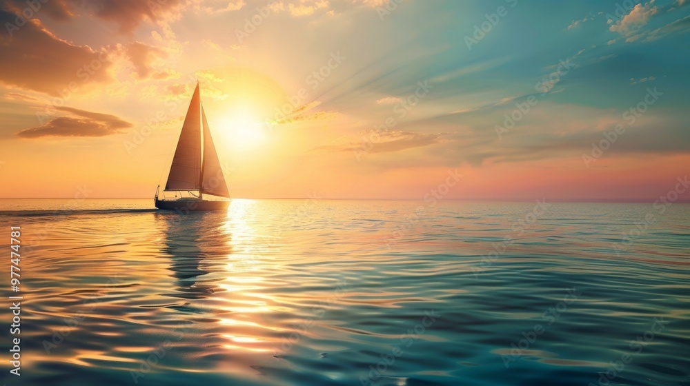 Fototapeta premium sailboat gliding across calm ocean waters, with the sun setting in the background