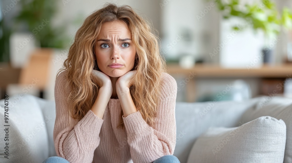 On a cushioned sofa, a thoughtful woman with wavy hair rests her chin on her hands, expressing concern and deep thoughts in a warmly lit living room setting. On a cushioned sofa, a thoughtful woman with wavy hair rests her chin on her hands, expressing concern and deep thoughts in a warmly lit living room setting.