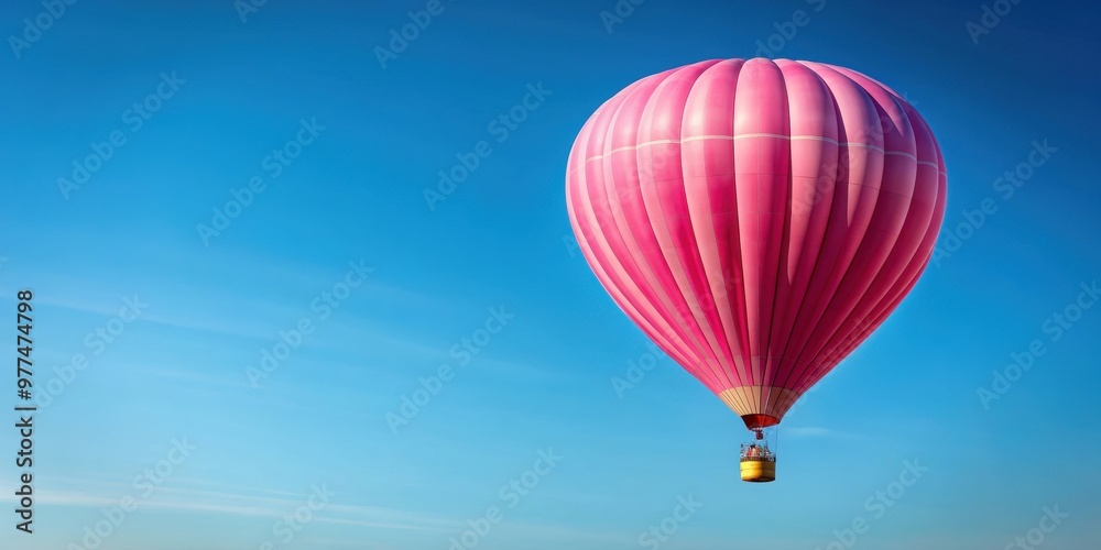 Obraz premium Pink hot air balloon floating against a clear blue sky, pink, hot air balloon, blue background, clouds, aerial, sky