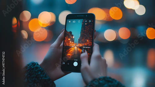 A person’s hand holds a smartphone, the screen displaying a colorful app interface. The background is softly blurred, emphasizing the focus on the phone and hand.