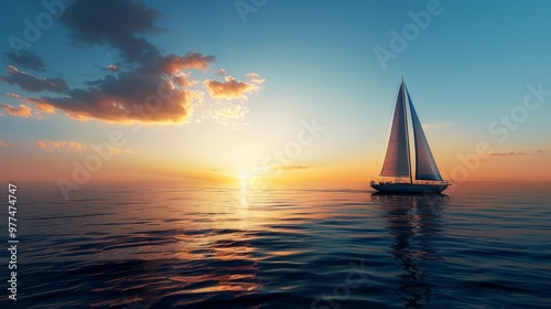 sailboat gliding across calm ocean waters, with the sun setting in the background