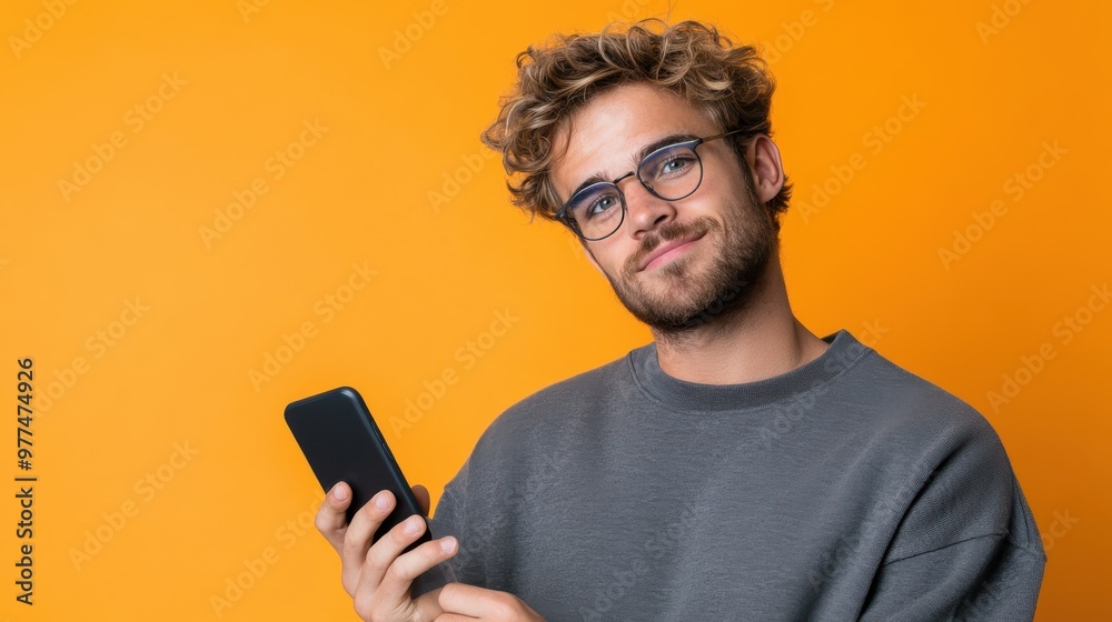 A man with curly hair in a gray sweater and glasses holds a smartphone, looking slightly smirky, with an orange background showcasing his confident personality. A man with curly hair in a gray sweater and glasses holds a smartphone, looking slightly smirky, with an orange background showcasing his confident personality.
