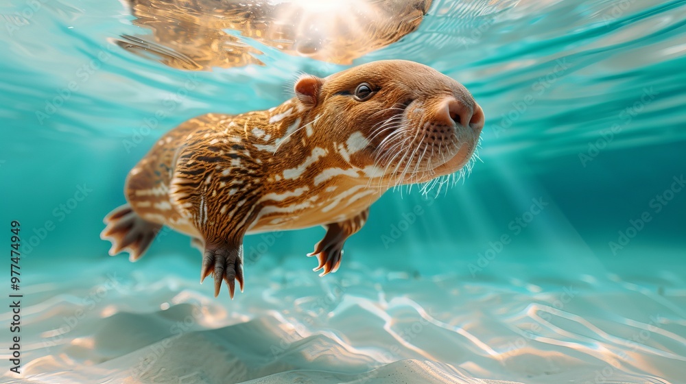 Fototapeta premium Close-up of a cute capybara swimming underwater with sunlight filtering through the surface, showcasing its playful and serene nature.