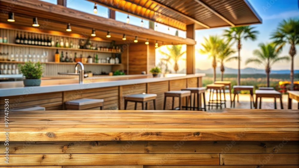 Fototapeta premium Desk with empty space surrounded by summer bar background