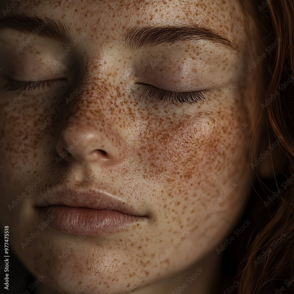 Womans freckled face with closed eyes, capturing a moment of calm, Freckled face closeup, Beauty and peace Womans freckled face with closed eyes, capturing a moment of calm, Freckled face closeup, Beauty and peace