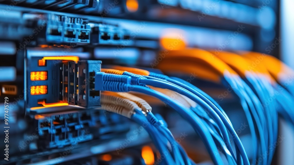 A detailed IT network infrastructure with organized cables, routers, and switches, ensuring reliable and secure data transmission. A detailed IT network infrastructure with organized cables, routers, and switches, ensuring reliable and secure data transmission.