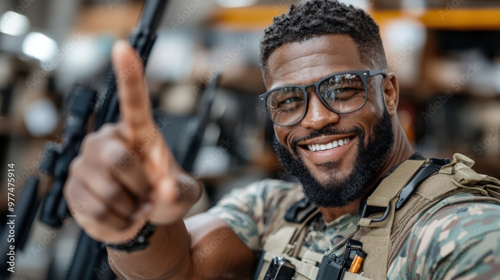 A confident soldier in tactical gear smiles confidently, demonstrating strength, readiness, and a positive attitude in a procedural setting. A confident soldier in tactical gear smiles confidently, demonstrating strength, readiness, and a positive attitude in a procedural setting.