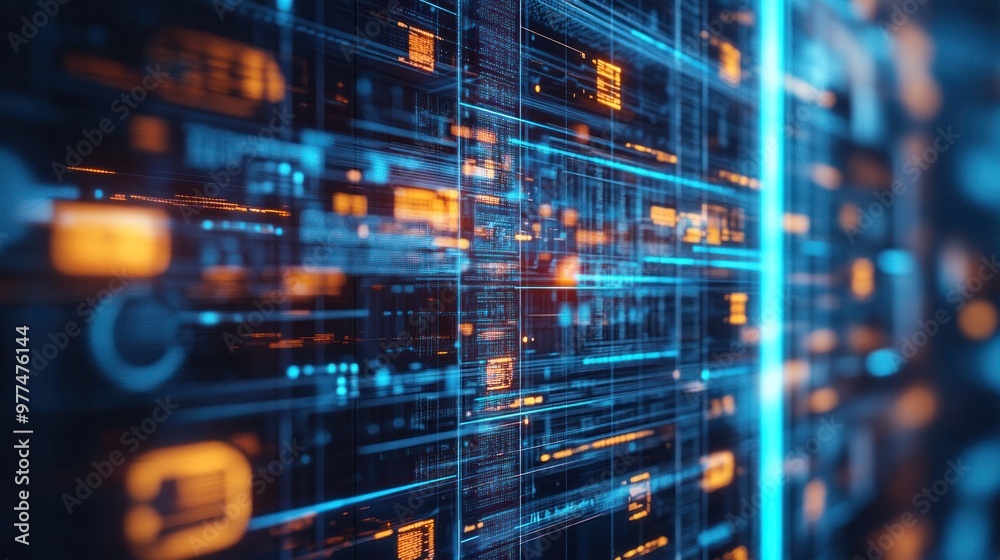 A detailed enterprise IT system with data management solutions, featuring secure data storage, backup, and cloud integration for large-scale business operations. A detailed enterprise IT system with data management solutions, featuring secure data storage, backup, and cloud integration for large-scale business operations.