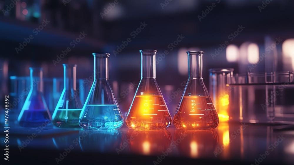 Chemical reactions glowing brightly in a set of laboratory beakers, Lab experiment glow, Science and innovation Chemical reactions glowing brightly in a set of laboratory beakers, Lab experiment glow, Science and innovation