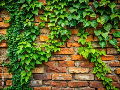 Lush, vibrant green ivy leaves cover a weathered stone wall, with delicate tendrils curling around ancient bricks, creating a serene, naturally beautiful outdoor setting.