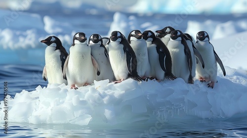 A group of penguins on the ice against a background of icebergs. Many penguins on an ice floe in the ocean photo