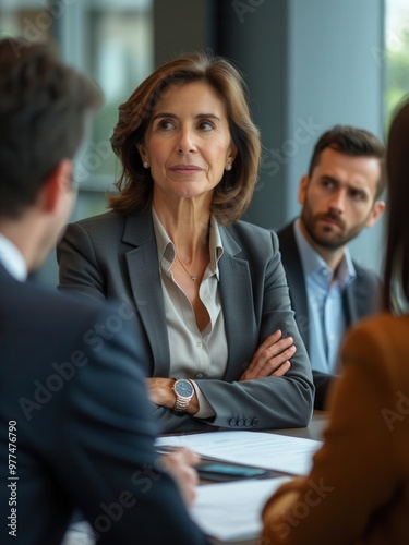 A confident businesswoman leads a meeting, surrounded by attentive colleagues, in a modern office environment, emphasizing leadership, professionalism, and corporate dynamics. photo